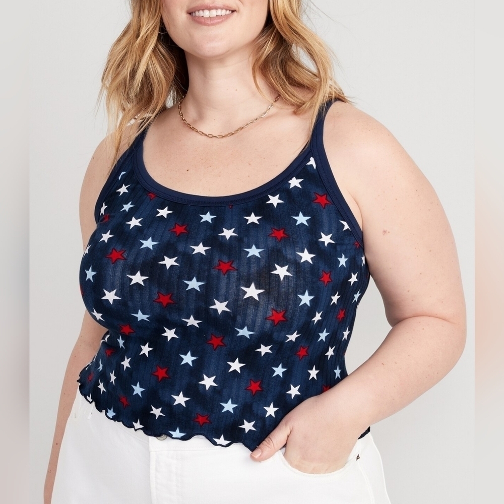 Old Navy Rib-Knit Lettuce-Hem Cropped Tank Top in Americana Stars Size XXL